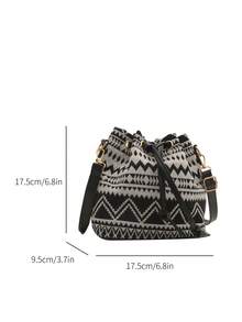 女士小号单肩包 波西米亚印花抽绳水桶包 斜挎包 长肩带 - 黑色 - 查看 7