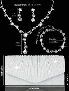 优雅女士水钻晚宴手拿包，闪亮褶皱手提宴会包，V形翻盖信封包，配有闪亮水钻首饰三件套，闪耀钱包，完美适用于派对、婚礼、舞会、晚宴/宴会、婚纱、正式场合、舞会礼服、生日礼服 - 銀色 - 查看 4