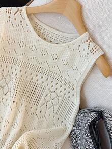 1 pieza Camiseta de tirantes de unicolor con diseño hueco, elegante y versátil camiseta de punto ligera para mujer en verano - Albaricoque - Ver 8