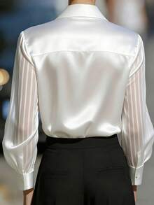 女士优雅缎面拼接薄纱袖衬衫，适合办公室、度假和日常穿着，白色夏季款 - 白色 - 查看 2