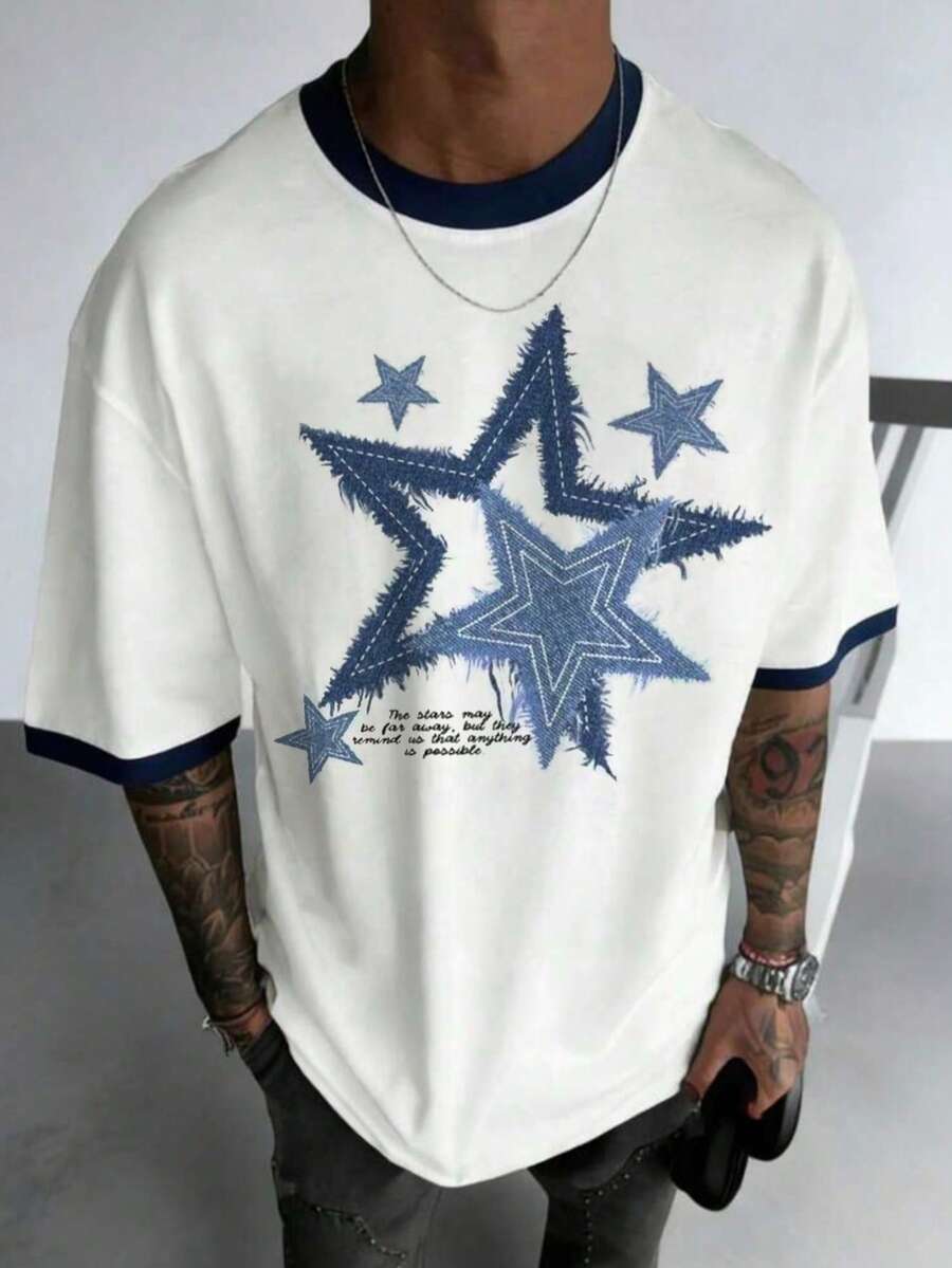 Men's Star Print T-Shirt - Distressed Denim Patch Design T-Shirt, Retro Hip Hop Loose Short Sleeve Top - White - View 1