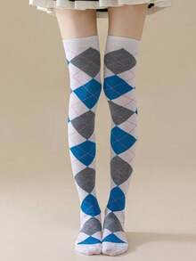 1 Pair Spring Autumn Winter Jk Dance Geometric Patterns Argyle Plaid Knee High Socks Thigh Over The Knee Socks, Y2k, Cozy - 36-39 - 查看 6
