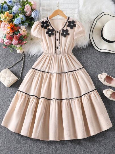 Girls' Elegant Floral Decor Wavy Stripe Casual Dress, Suitable For Daily Wear In Summer