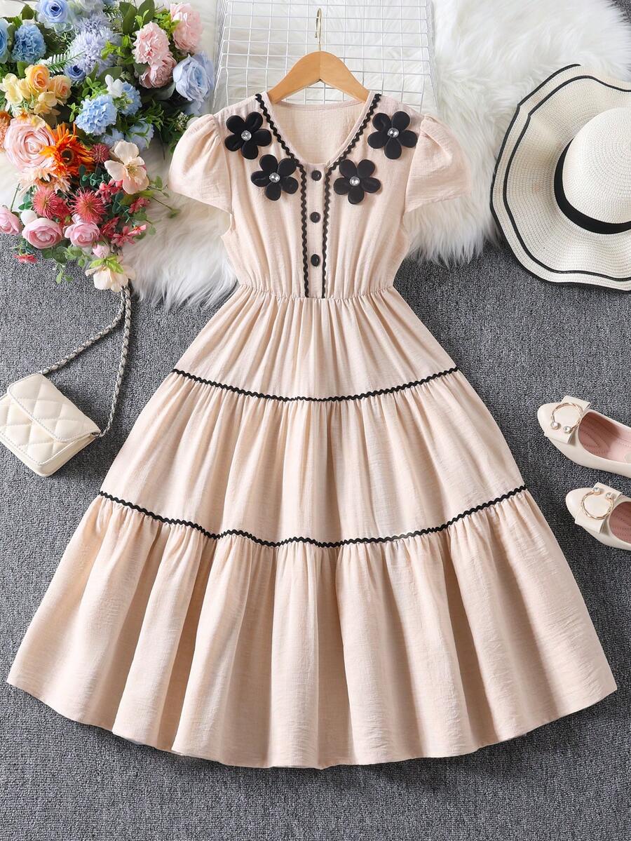 Girls' Elegant Floral Decor Wavy Stripe Casual Dress, Suitable For Daily Wear In Summer - Apricot - View 1