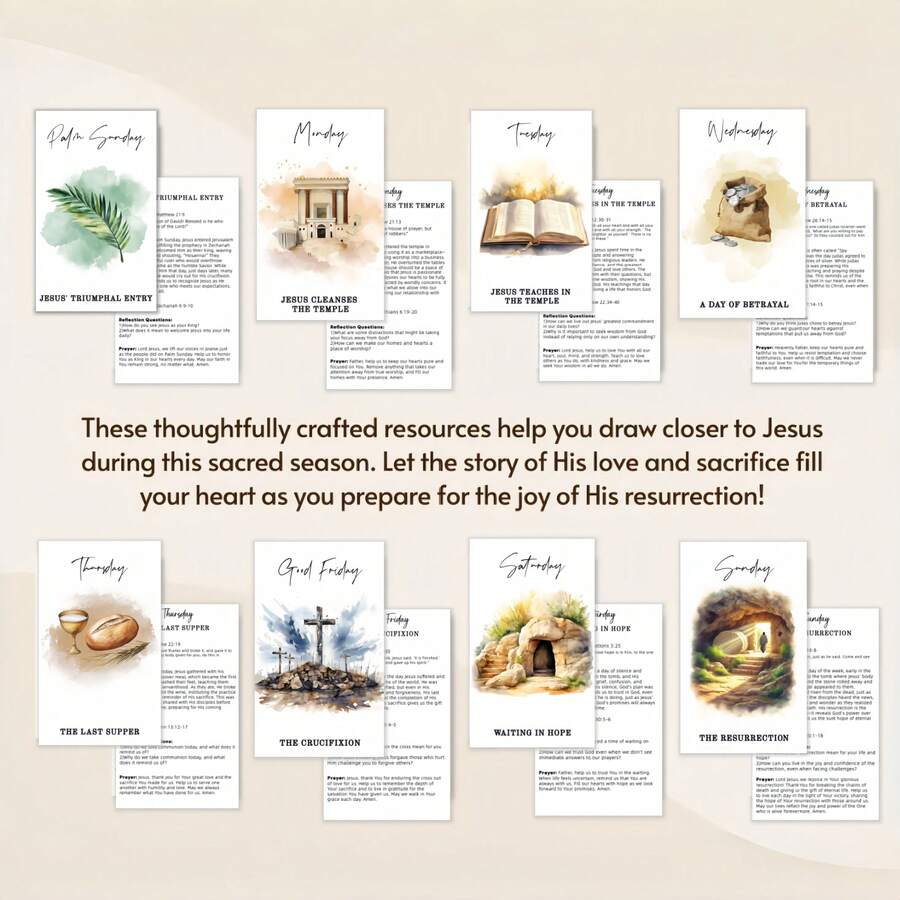 Juego de 24 tarjetas devocionales ilustradas con acuarela que representan la narrativa de la Pasión y Resurrección de Jesús - Tarjetas bíblicas bilingües adecuadas para meditación personal, compartir en grupos pequeños y obsequios de fe. Aplicable para reflexión espiritual durante todo el año, reuniones de estudio bíblico, así como conmemorar y decorar para la Semana Santa, Pascua y observancias del Viernes Santo. - 24 etiquetas de Semana Santa - Ver 1