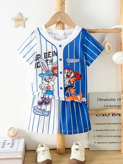 2pcs/Set Young Boys Baseball Style Cartoon Print Streetwear Round Neck Short Sleeve T-Shirt And Cute Striped Print Shorts Set, Summer