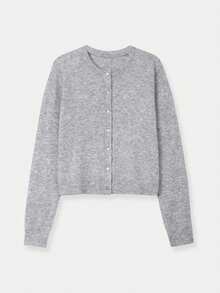 Women's Solid Color Cropped Cardigan, Button Front Crew Neck Knit Sweater, Versatile Layering Casual Piece For Spring & Fall - Perfect For Daily Outings, Dating & Streetwear - 灰色 - 查看 5