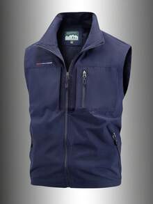 男士休闲户外钓鱼+露营+摄影多口袋刺绣背心外套，春夏款 - 藏蓝色 - 查看 1