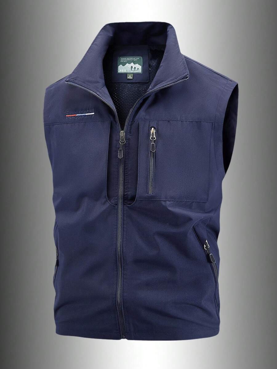 男士休闲户外钓鱼+露营+摄影多口袋刺绣背心外套，春夏款 - 藏蓝色 - 查看 1