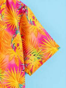 夏季新款夏威夷风情热带印花衬衫+做旧牛仔短裤 4-8岁男童假日套装 | 活力街头校园休闲两件套 - 橘色 - 查看 3