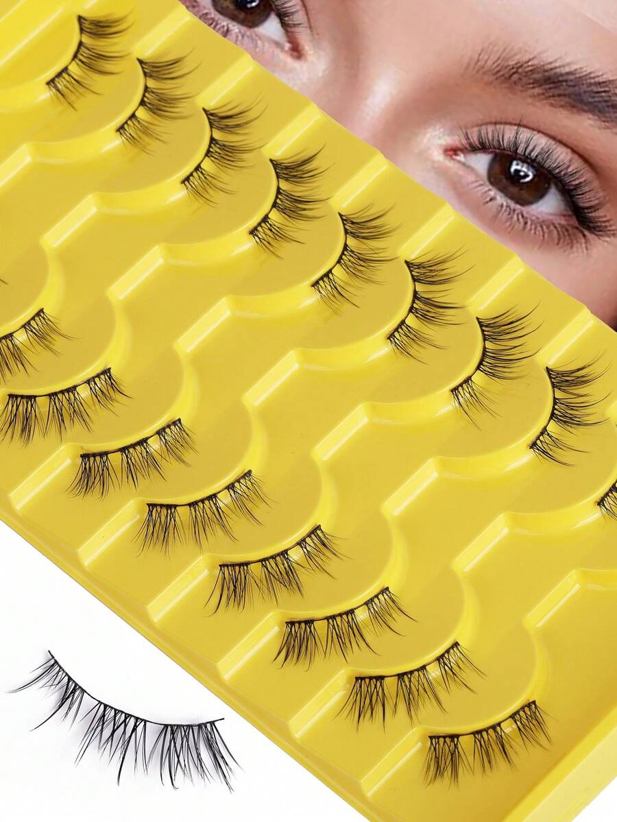 10 Pairs Demon/Cat Eye Style False Eyelashes, Natural Look, Curled Lashes, One-Piece Design, Sunflower/Camellia - View 1