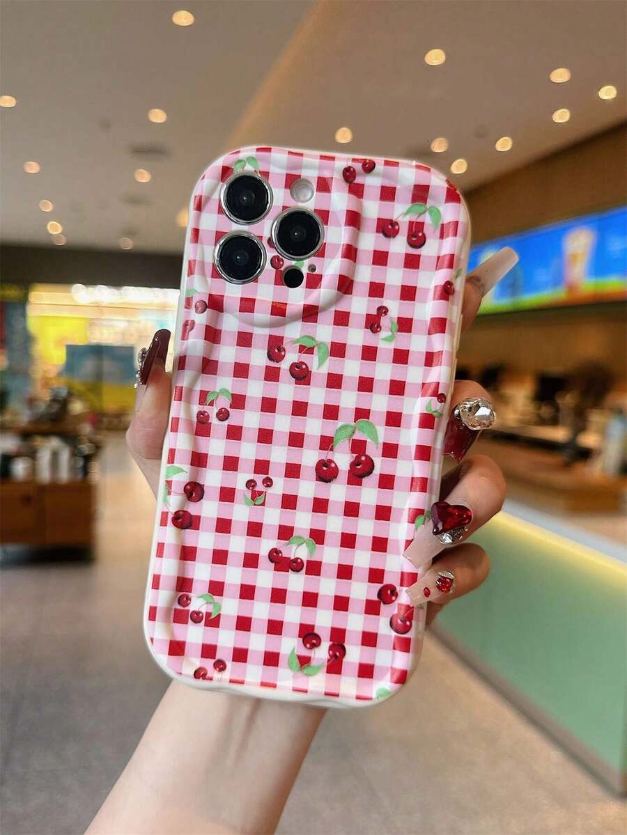 1个红白条纹格子樱桃图案白色奶牛纹防震保护手机壳，适用于 17 Air/16 Pro Max/16 Pro/16 Plus/16/15/14/13/12/11/XSM/XS/XR/7/8 - 白色 - 查看 1