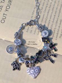 1pc Gothic Leopard Print Cross Charm Bracelet, Black Swirl Cross Bracelet, Leopard Bow Heart Bracelet, Star Girl Bracelet, Ramadan Crescent Moon Bracelet - Silver - View 9