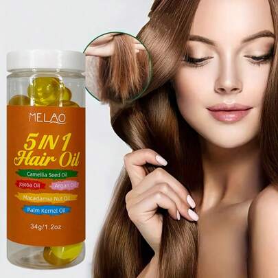  五合一护发油，MELAO护发油，蕴含山茶籽油、荷荷巴油、摩洛哥坚果油和棕榈仁油，多效滋养，适合所有发质，增添光泽、柔软顺滑，抚平毛躁，修护干枯受损发质，34克/1.2盎司