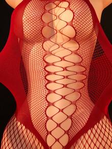1pc Women Sexy Lingerie Fishnet Cut-Out Crotchless Body Stocking Halter Sheer Mesh Lingerie - Burgundy - View 4