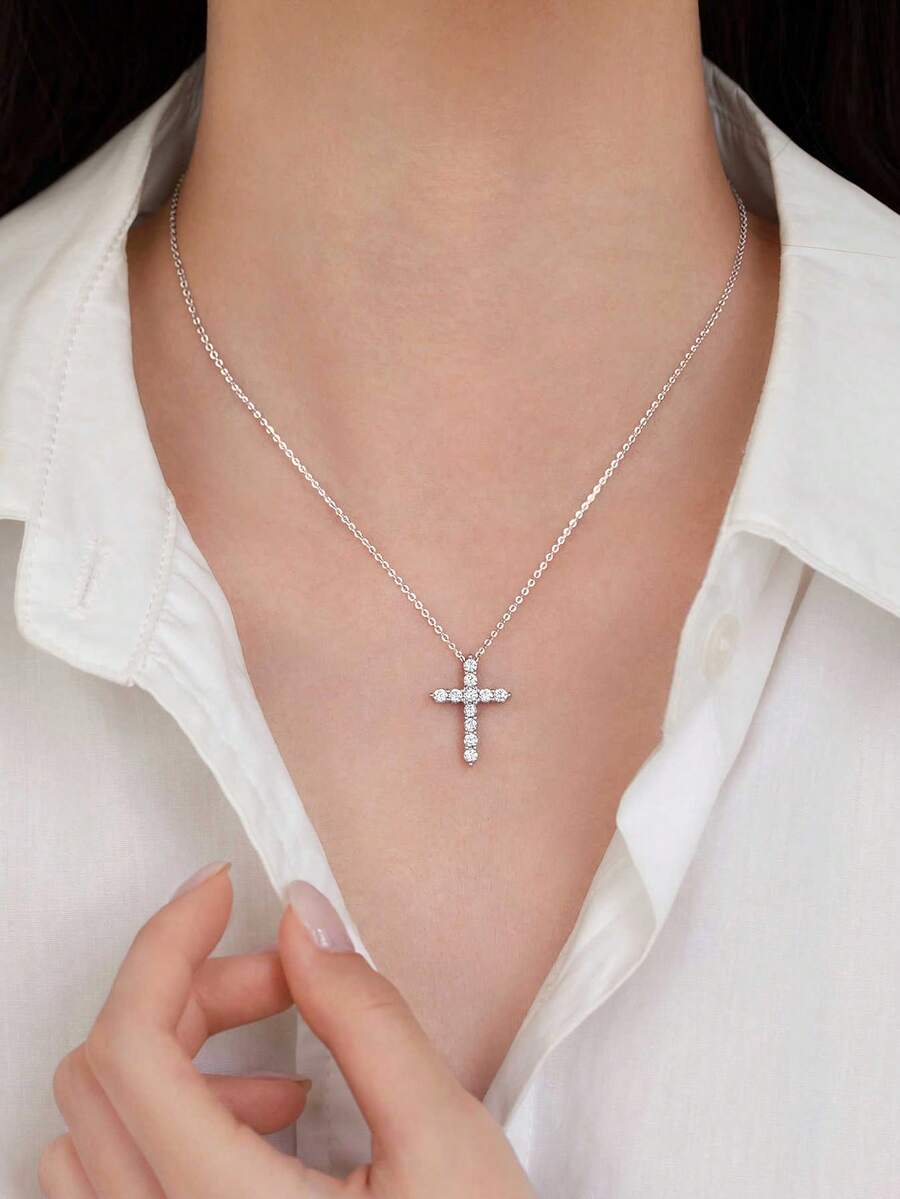 1pc S925 Sterling Silver Geometric Versatile Unique Minimalist Cubic Zirconia Cross Necklace, Suitable For Women's Daily Wear - Silver - View 1