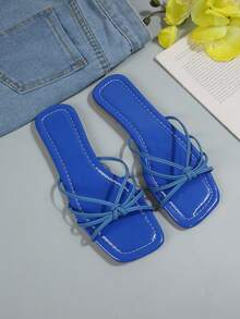 女士纯色方头平底凉鞋，饰有蝴蝶结，夏季时尚拖鞋，适合派对、夜店和约会等场合。 - 藍色 - 查看 7