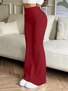 PETITE Women's Solid Color High Waist Casual Versatile Daily Flare Pants - Red - View 3