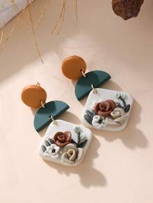 1 Pair Handmade 3D Floral Relief Geometric Patchwork Contrasting Color Retro Countryside Style Earrings, Suitable For Artistic Outfits, Markets, Daily Commute - Multicolor - View 9