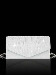 优雅女士水钻晚宴手拿包，闪亮褶皱手提宴会包，V形翻盖信封包，配有闪亮水钻首饰三件套，闪耀钱包，完美适用于派对、婚礼、舞会、晚宴/宴会、婚纱、正式场合、舞会礼服、生日礼服 - 銀色 - 查看 11