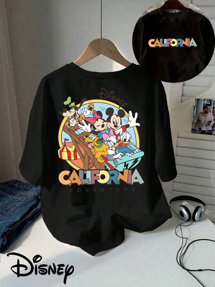 Disney Classic Cartoon California Theme Park Character Carnival Double-Sided Printed T-Shirt, Short Sleeved Round Neck Casual Top, Suitable For Summer And Spring, Short Sleeved Top, Women's Clothing - màu đen - Xem 1