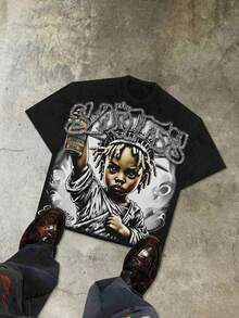 SAINTS Y2K Gothic Style Men's Retro 220g  Cotton Short-Sleeved , Integrating Christian Clothing Elements, Gothic Style And Y2K Aesthetics, Street Clothes, Large T-Shirt, Jesus Shirt, Christian Clothes ,Gothic Pun,Slim-Fit T-Shirt Printed With Grunge-Style Cute Graphics. - Đen 13 - Xem 1