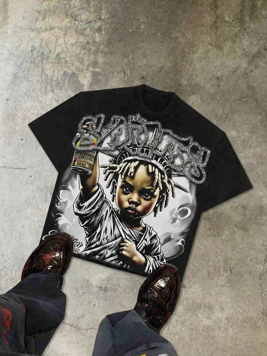 SAINTS Y2K Gothic Style Men's Retro 220g  Cotton Short-Sleeved , Integrating Christian Clothing Elements, Gothic Style And Y2K Aesthetics, Street Clothes, Large T-Shirt, Jesus Shirt, Christian Clothes ,Gothic Pun,Slim-Fit T-Shirt Printed With Grunge-Style Cute Graphics. - Đen 13 - Xem 1