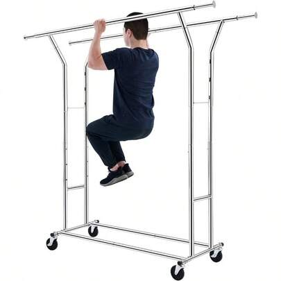 ハンガーラック パイプハンガーラック 耐荷重200KG 業務用 3ウェイ ダブル 大容量 収納ラック 物干し スタンド 洋服ハンガー 衣類収納 コート ロール付き 高さ・縦横伸縮タイプ シルバー 寝室/洗濯室/玄関