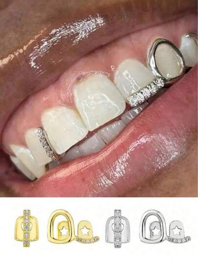 2pcs/Set Women's Hollow & Single Tooth Punk Teeth Jewelry Accessories, Suitable For Nightclub, Halloween, Christmas And Daily Wear, Unisex