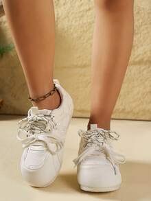 Women's Low-Top Thick-Soled Sneakers, Lace-Up Round Toe, New Fashion Shoes, Solid Color, Comfortable Soft Bottom, Casual Shoes, Sports Shoes, Fashionable Shoes, Lightweight Running Shoes, Shoes, Suitable For Daily Wear, Commuting - White - View 5