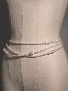 1pc Elegant Premium White Pearl Waist Chain Summer, School Fall, Autumn, Halloween - 白色 - 查看 6