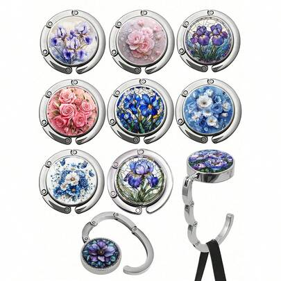 1pc Elegant Metal Round Foldable Hook, Paired With Vibrant Blue, Purple Iris, Rose, Peony, Clematis, Greenery - Portable Handbag Holder & Desktop Organizer, Durable Art Clip Suitable For Home, Office, Fashion Accessory For Women