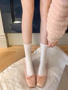 1/3 Pairs Women's Mid-Calf Socks With 3D Pleated Trim, Black & White Striped Ribbed Socks, Versatile Autumn Wear - Multicolor - View 3