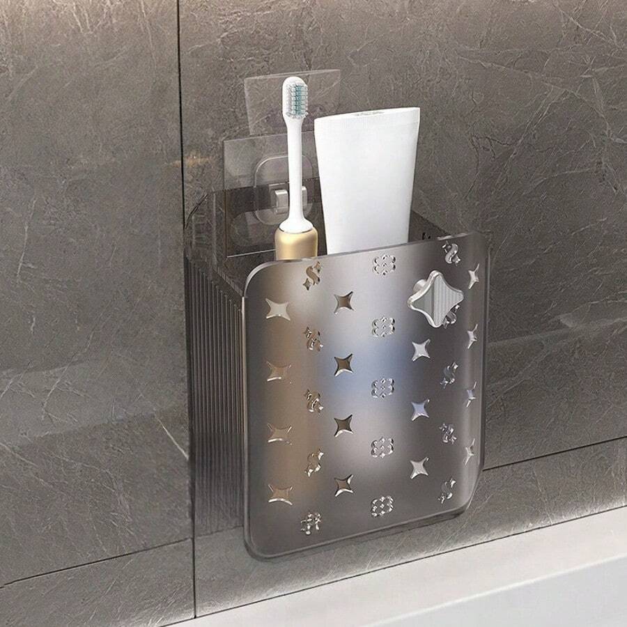 1pc Toothpaste & Toothbrush Holder, Wallmount Bathroom Organizer Rack For Towels, Toiletries, Home Decor, Autumn Decoration - Grey - View 1