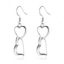 Fashionable Women's Silver-Plated Double Heart Shaped Long Earrings - Silver - View 6