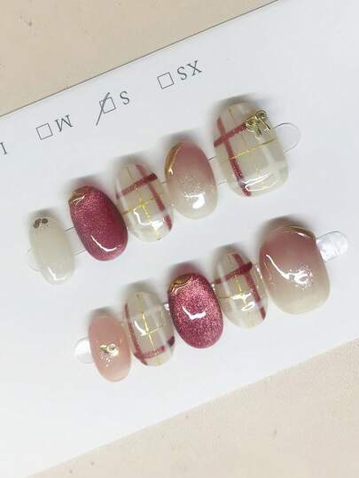 10pcs Pure Handmade Press On Nails Short Oval Nail Pink And Beige Cat Eye Nails With Checkered Pattern Fancy Cute Pain Y2k Gentle Stroble Flash Temperament For Women And Gril,Spring Summer Fall Winter,Holiday And Dailys Life Use