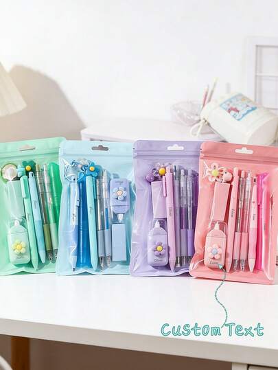 1 Set (8pcs) Customizable Cute Stationery, High Aesthetic Value Student Back To School & Graduation Gift, Plastic Writing Tools With Erasers, Girly Stationery Set, Back To School Gift, Christmas Gift, New Year Gift, School Supplies, Top Choice For Back To School Gift
