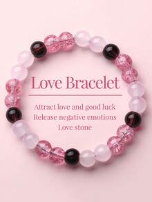 1pc Natural Pink Love Stone Bracelet - Rose Quartz And Red Stone Beads, Attracts Love, Good Luck And Positive Energy, Marble Pink To Fuchsia Gemstone Jewelry, Valentine's Day, Anniversary Gift (No Electroplating, Suitable For Sensitive Skin) Obsidian. - Multicolor - View 2
