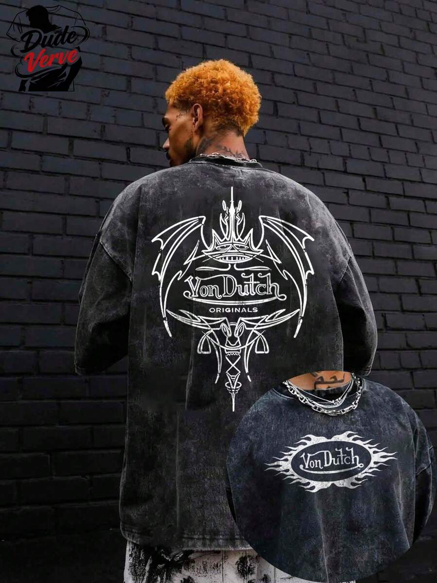 This Von Duch-Themed Washed And Distressed T-Shirt Features A Unique Design. Made From 180g 100% Cotton, This Men's Short-Sleeved T-Shirt Is Soft And Skin-Friendly, Suitable For Both Men And Women. A Perfect Gift For Chinese New Year, Valentine's Day, St. Patrick's Day, And The World Cup, It Embodies Modern Aesthetics, Creating A Natural, Stylish, And Cool Y2K Style – Simple Yet Creative. This Men's Casual Sports T-Shirt Is An Essential Short-Sleeved Item For Spring And Summer. Affordable And Comfortable, It Makes A Perfect Gift For Men. Whether For Everyday Wear, Outdoor Activities, Or Street Style, It's An Ideal Choice For Sportswear. - màu đen - Xem 1
