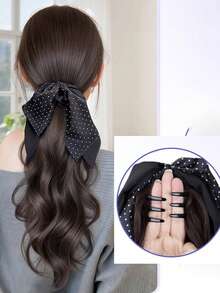 新款丝带波点蝴蝶结爪夹卷发马尾辫，韩式长卷发马尾辫假发 - 彩色 - 查看 7