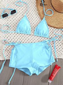 PEPPERMOLLY 2026春夏优雅性感纯色两件式泳衣，珍珠装饰复古短裤，适合海滩、泳池和运动，时尚比基尼度假装 - 淺藍色 - 查看 2