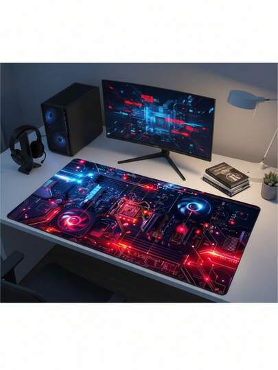 大尺寸鼠标垫，防水防滑光滑布面，红蓝灯光效果，CPU电路游戏设计，可用作键盘垫、桌面垫或书架，适用于游戏玩家、办公室和宿舍，兼容鼠标和轨迹球，是送给游戏玩家的绝佳礼物。
