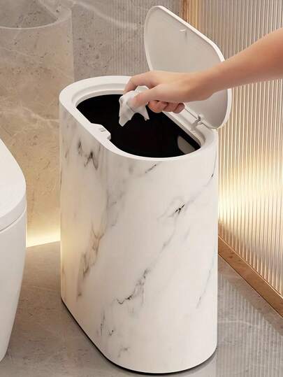 1pc Marble Pattern Corner Trash Can With Lid - Square Sealed Odor-Proof Design, Pedal-Operated Opening, Suitable For Bathroom, Hotel, Home, Homestay, Kitchen, Living Room, Plastic Trash Can, Fashion Trash Can, Suitable For Narrow Spaces, Space-Saving Design, Bathroom Trash Can, Home Decor, Bathroom Decor & Accessories, Christmas Decor