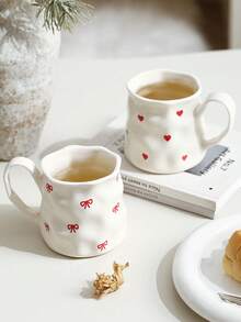 1pc Creative Cute Ceramic Cup, Hand-Painted Heart & Bow Pattern, Asymmetrical Cup Body, Office & Casual Mug, Home Breakfast Cup, Afternoon Tea Lovely Drinkware, Practical Ceramic Ware - Multicolor - View 6