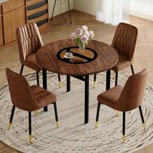 Modern And Minimalist Round Dining Table Set (With 4 Chairs In Brown Technical Fabric And Black Metal Legs), 100 Cm Diameter Round Table With A Wood Look, Suitable For The Dining Room And Kitchen. - Khaki - View 9