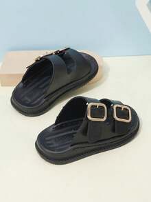 Kids Fashion Dual-Tone Buckle Flat Slippers, Easy Slip-On Sandals For Toddlers & Children - Black - View 2