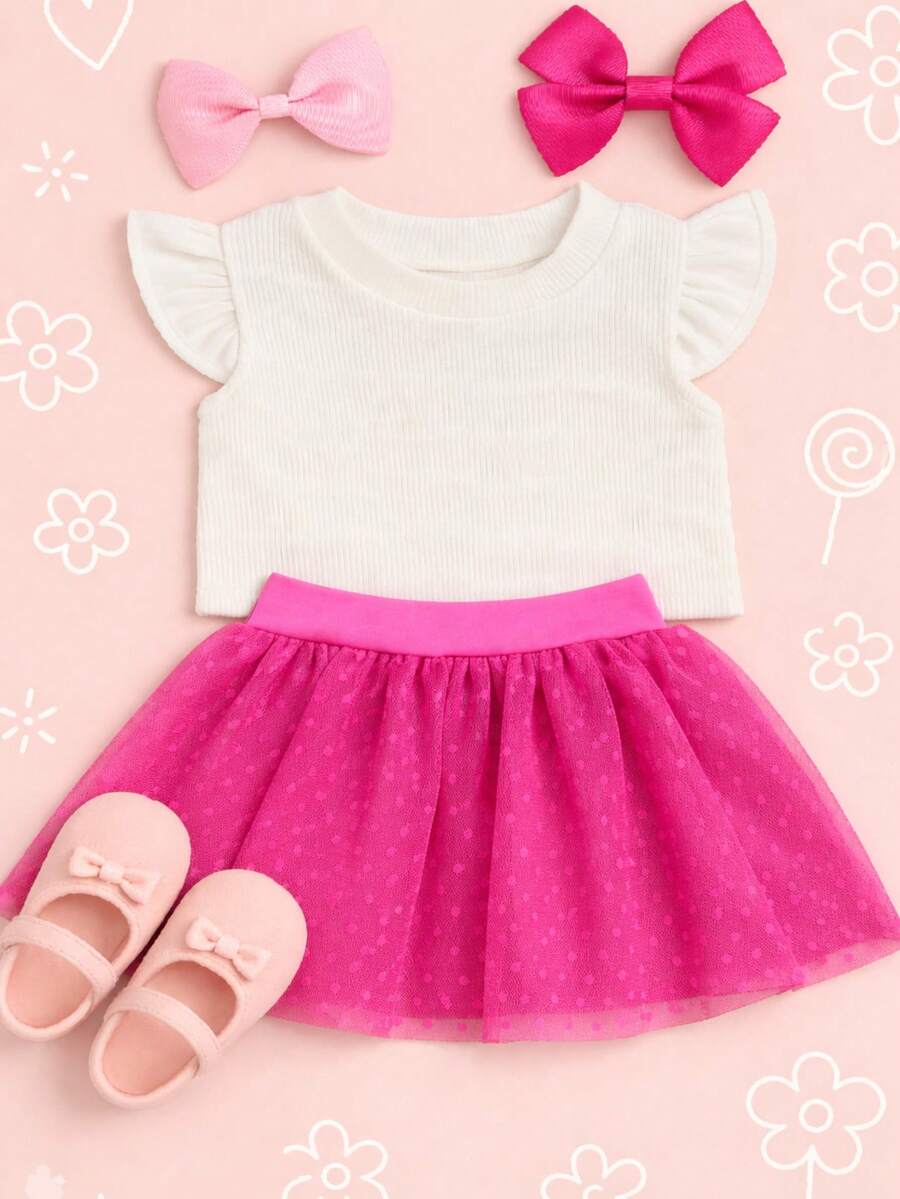 Girls' Outfit Set: Tulle Shorts Skirt With Ruffle And Cropped Top With Ruffled Frills, Pleated, Spring And Summer CJI043 - Pink and Off - View 1