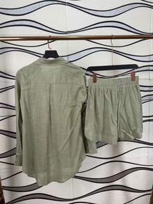 Two-Piece Linen Shirt And Shorts Set, Lined With Elastic. Summer Vacation: Perfect For Celebrating Christmas, New Year's Eve And New Year In Brazil! - 橄欖綠 - 查看 5