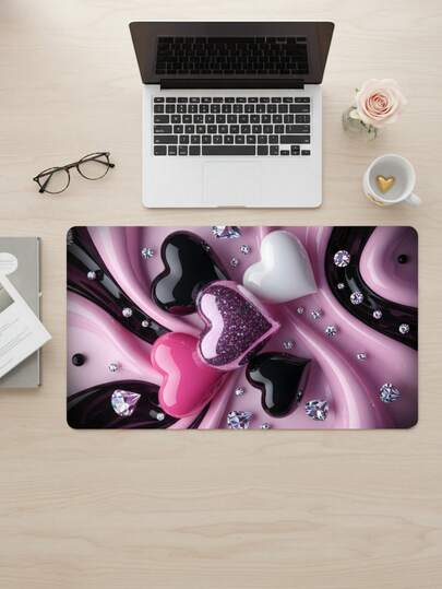 Large Size Mouse Pad, Waterproof Non-Slip Smooth Fabric Surface, Pink & Black Rhinestone Heart Fluid Pattern, Also Suitable As Keyboard Pad, Desk Mat Or Book Stand, Suitable For Gamers, Office And Dorm Use, Compatible With Mouse And Trackball, Gift For Gamers
