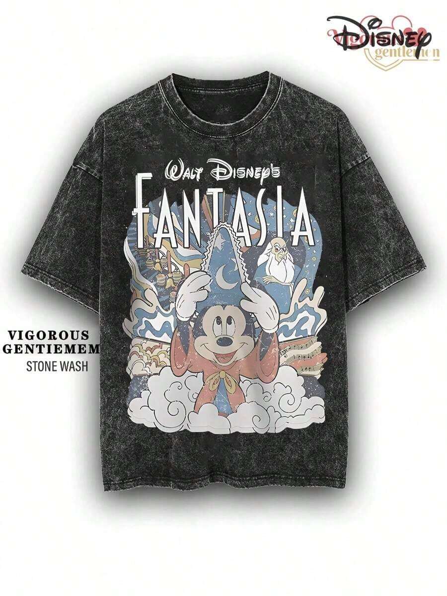 Disney Mickey Mouse Stone Wash T-Shirt For Women, 100% Cotton Oversized Vintage Short Sleeve Top, Sorcerer MickeyPrinted Casual Tee - màu đen - Xem 1
